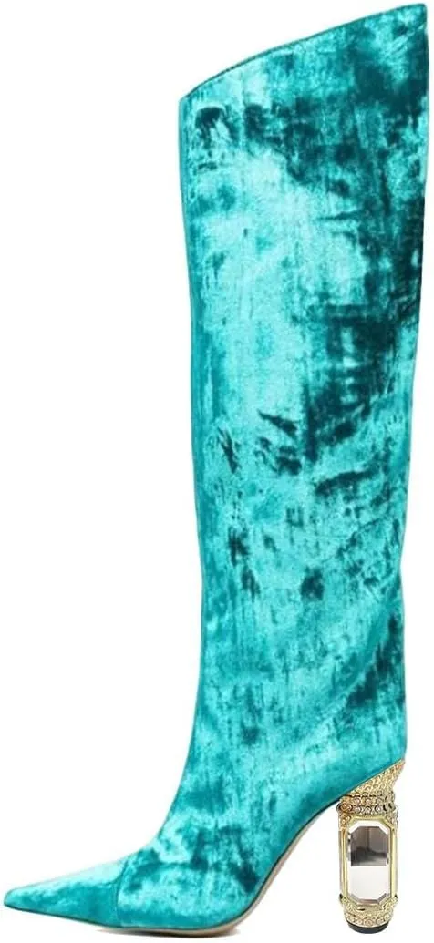 XYD Women Side Zip Knee High Boots Pointed Toe Cylindrical Crystal Block Heels Pumps Slouchy Dressy Party Shoes