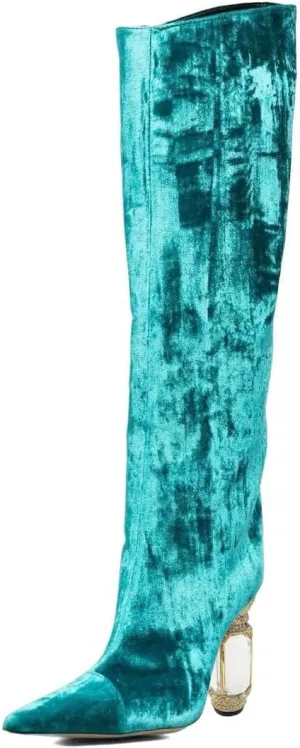 XYD Women Side Zip Knee High Boots Pointed Toe Cylindrical Crystal Block Heels Pumps Slouchy Dressy Party Shoes