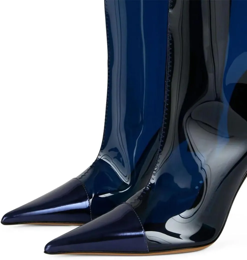 XYD Women Side Zip Knee High Boots Pointed Toe Cylindrical Crystal Block Heels Pumps Slouchy Dressy Party Shoes
