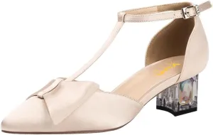 XYD Women's T-Strap Bowknot Pumps Chunky Crystal Low Heels Ankle Strap Pointed Toe Satin Dressy Casual Shoes