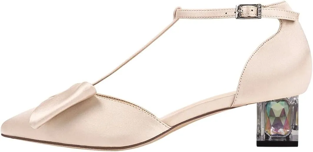 XYD Women's T-Strap Bowknot Pumps Chunky Crystal Low Heels Ankle Strap Pointed Toe Satin Dressy Casual Shoes