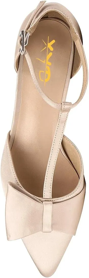 XYD Women's T-Strap Bowknot Pumps Chunky Crystal Low Heels Ankle Strap Pointed Toe Satin Dressy Casual Shoes