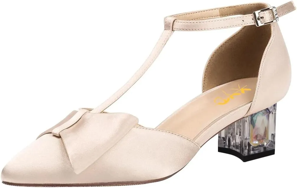 XYD Women's T-Strap Bowknot Pumps Chunky Crystal Low Heels Ankle Strap Pointed Toe Satin Dressy Casual Shoes