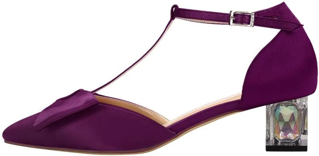 XYD Women's T-Strap Bowknot Pumps Chunky Crystal Low Heels Ankle Strap Pointed Toe Satin Dressy Casual Shoes