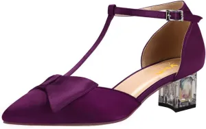 XYD Women's T-Strap Bowknot Pumps Chunky Crystal Low Heels Ankle Strap Pointed Toe Satin Dressy Casual Shoes