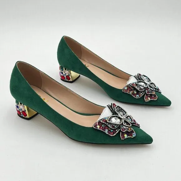 YDN Green Pointed Toe Bow Pump Rhinestone Block High Heel Slip on Fashion Shoe