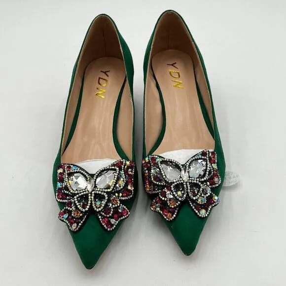 YDN Green Pointed Toe Bow Pump Rhinestone Block High Heel Slip on Fashion Shoe