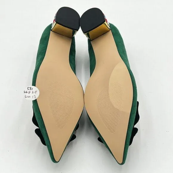 YDN Green Pointed Toe Bow Pump Rhinestone Block High Heel Slip on Fashion Shoe