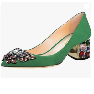 YDN Green Pointed Toe Bow Pump Rhinestone Block High Heel Slip on Fashion Shoe