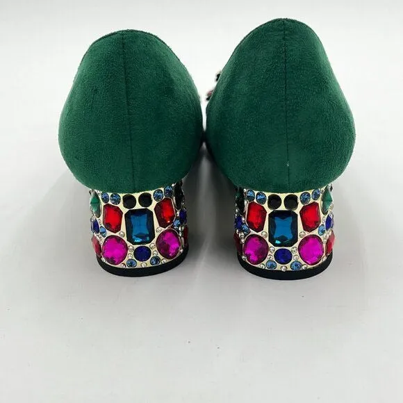 YDN Green Pointed Toe Bow Pump Rhinestone Block High Heel Slip on Fashion Shoe