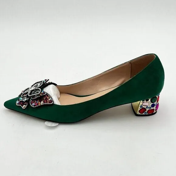 YDN Green Pointed Toe Bow Pump Rhinestone Block High Heel Slip on Fashion Shoe