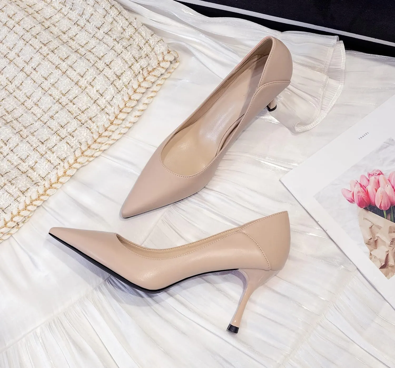 YooPrettyz Women Pointed Toe Dressy Pumps Shoes Polished Leather Office Pumps Foldable Back Slide Heels