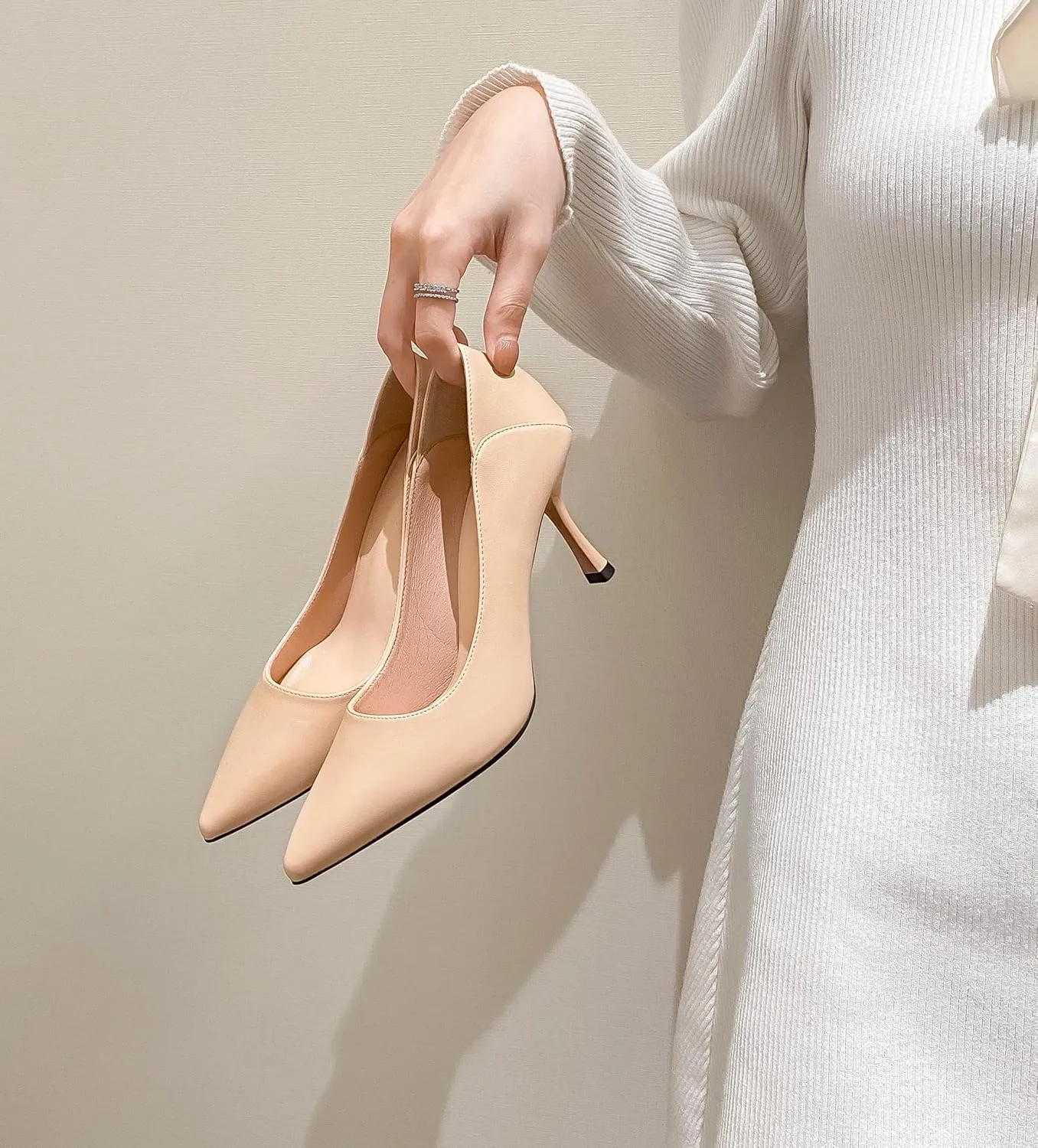 YooPrettyz Women Polished Leather Office Pumps Pointed Toe Kitten Heels Dressy Pumps Shoes Foldable Back Heels