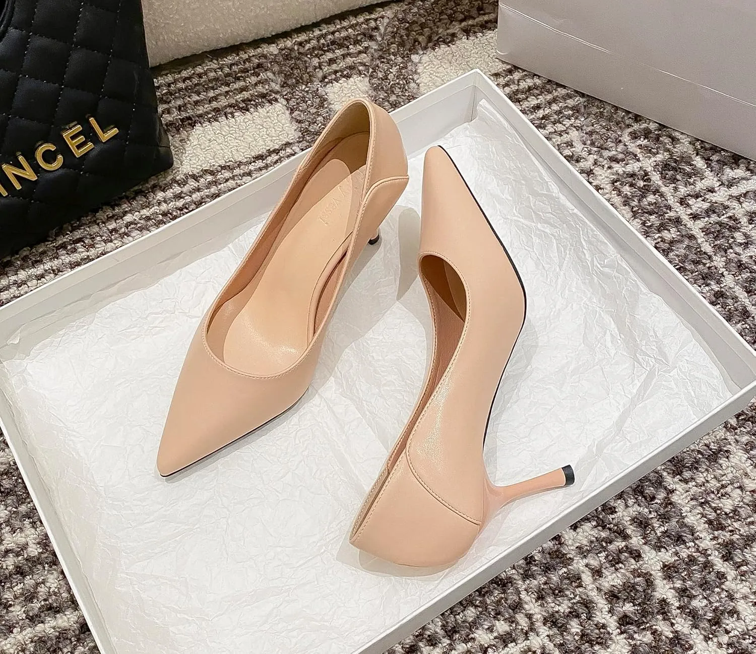 YooPrettyz Women Polished Leather Office Pumps Pointed Toe Kitten Heels Dressy Pumps Shoes Foldable Back Heels
