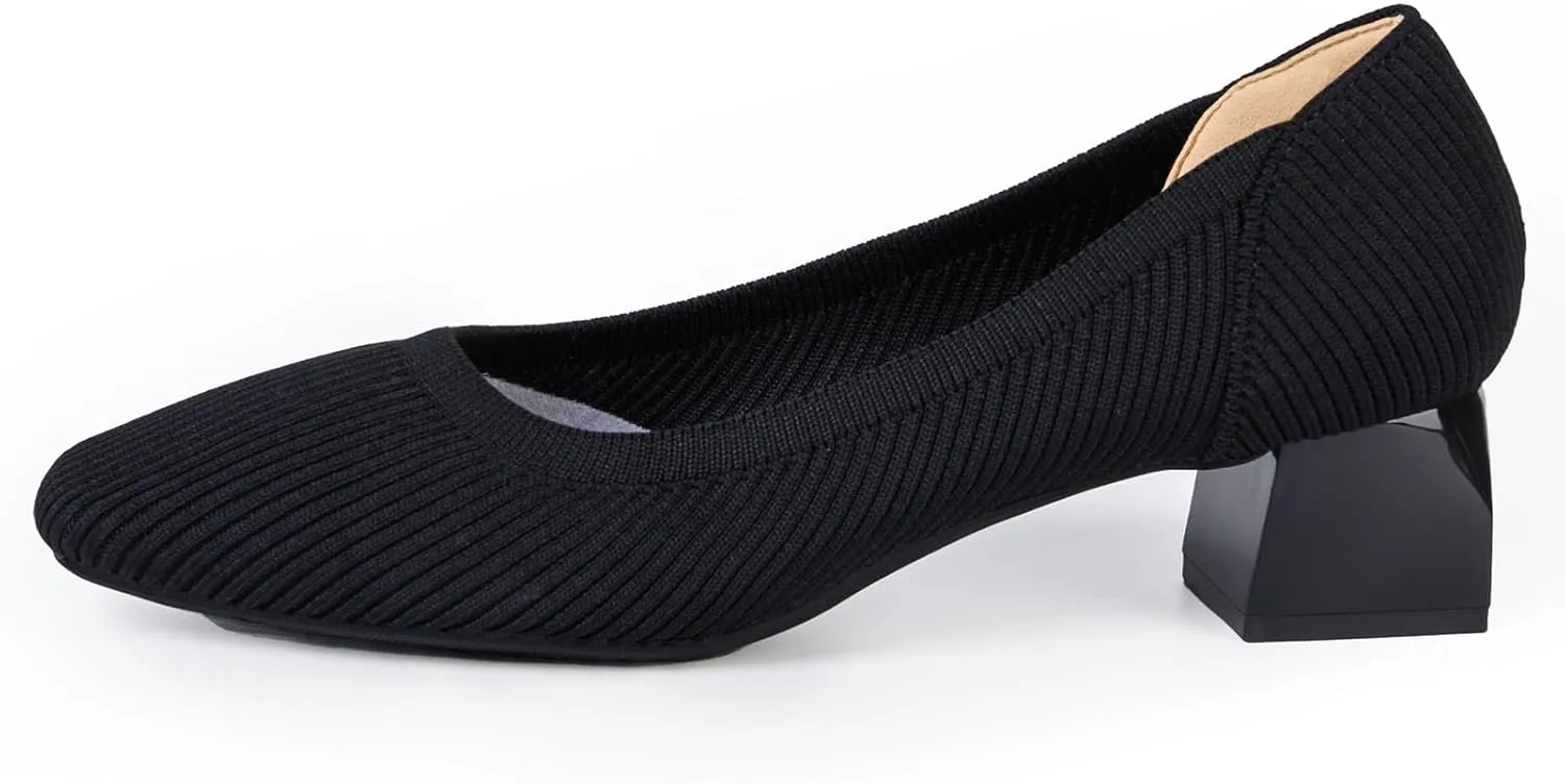 youngshow Womens Pumps Block Heels Square Toe Knit Comfortable Heel for Women Slip On Work Shoes for Woman Dress Classic Shoes Walk Office
