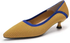 youngshow Women's Pumps Kitten Heels Pointed Toe Knit Slip On Comfortable Casual Formal Dress Shoes