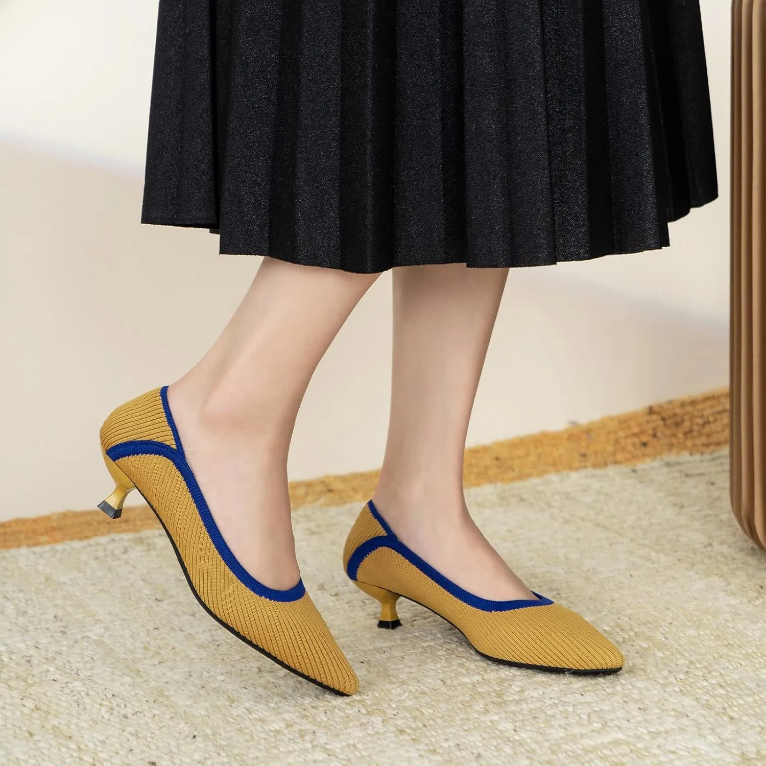 youngshow Women's Pumps Kitten Heels Pointed Toe Knit Slip On Comfortable Casual Formal Dress Shoes