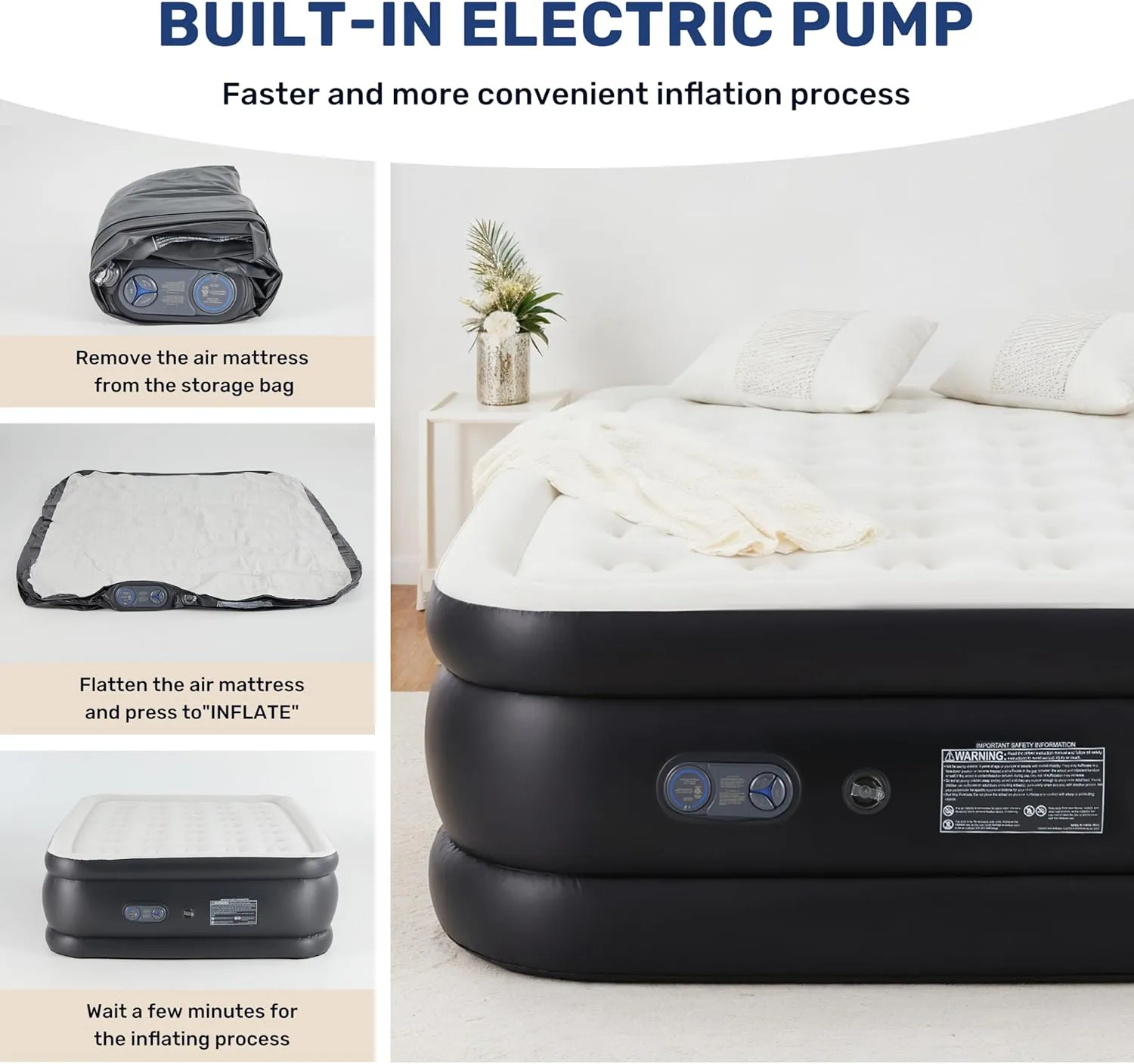 YSSOA Queen Camping Air Mattress with Built-in Electric High-Speed Pump, 18" Bed Height, Blow Up Inflatable Airbed with Carrying Bag for Home Guests & Travel, Waterproof Foldable Portable
