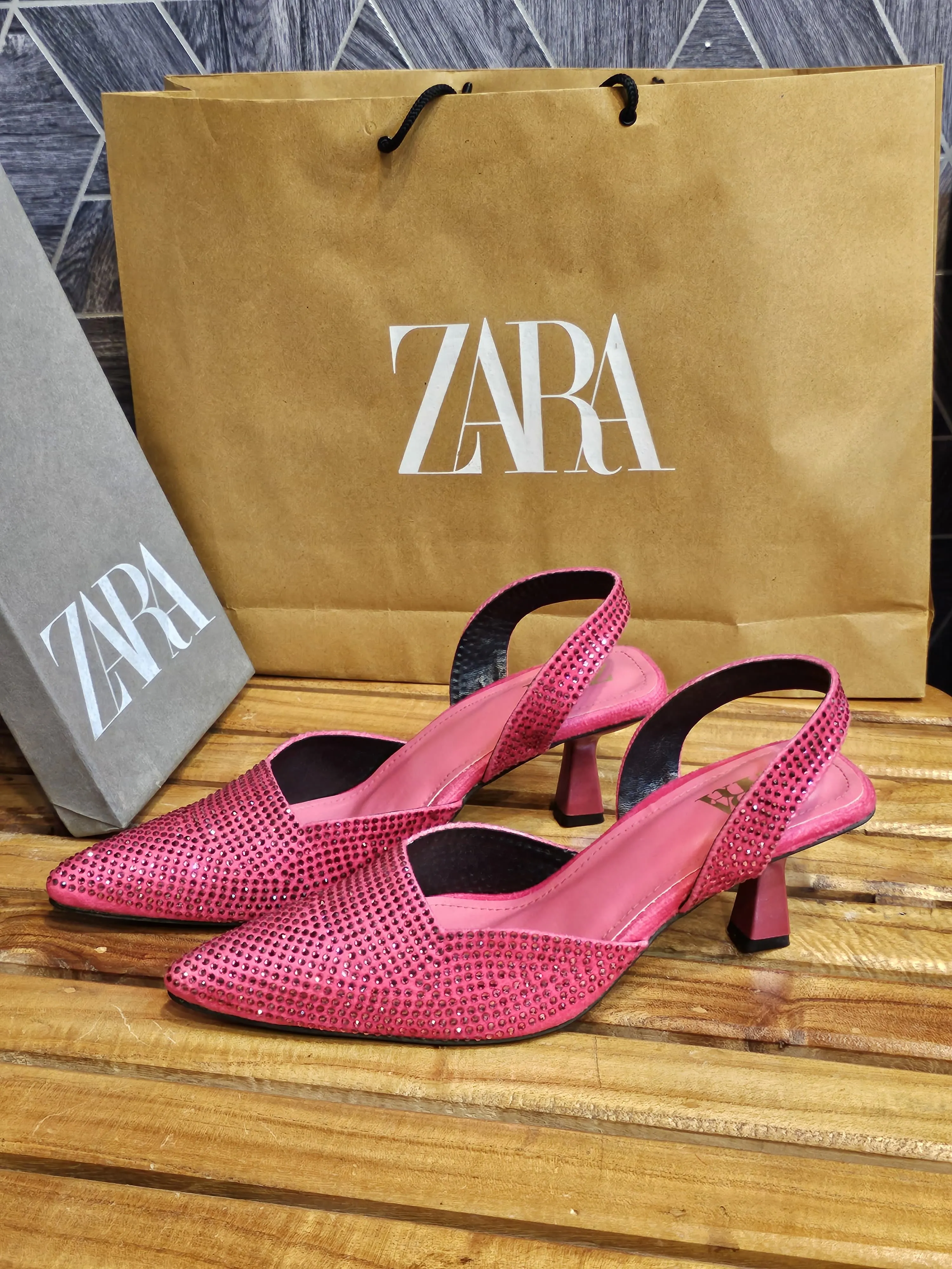 ZARA Embellished Stones Slingback Pointed Pump Heels