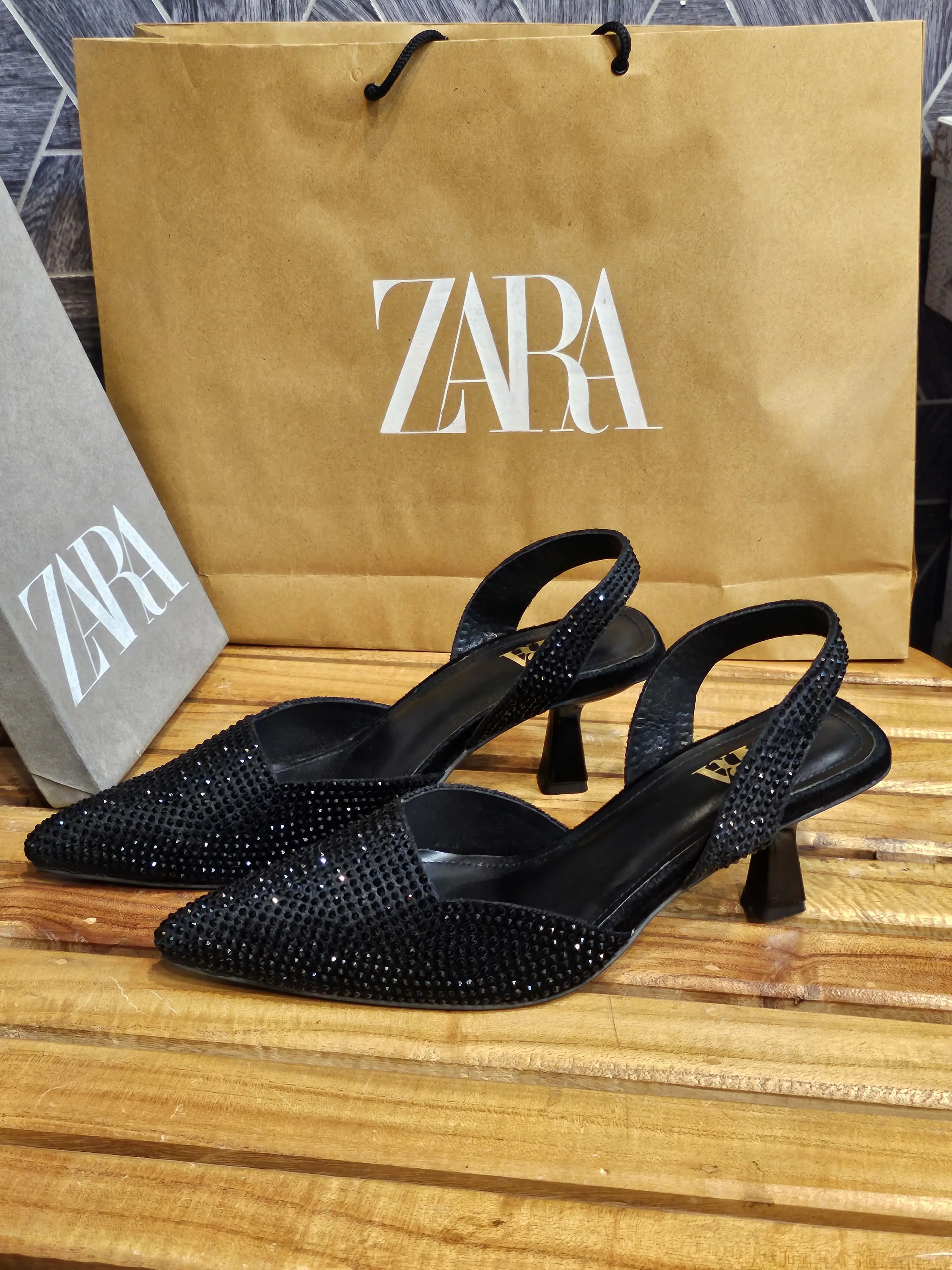 ZARA Embellished Stones Slingback Pointed Pump Heels