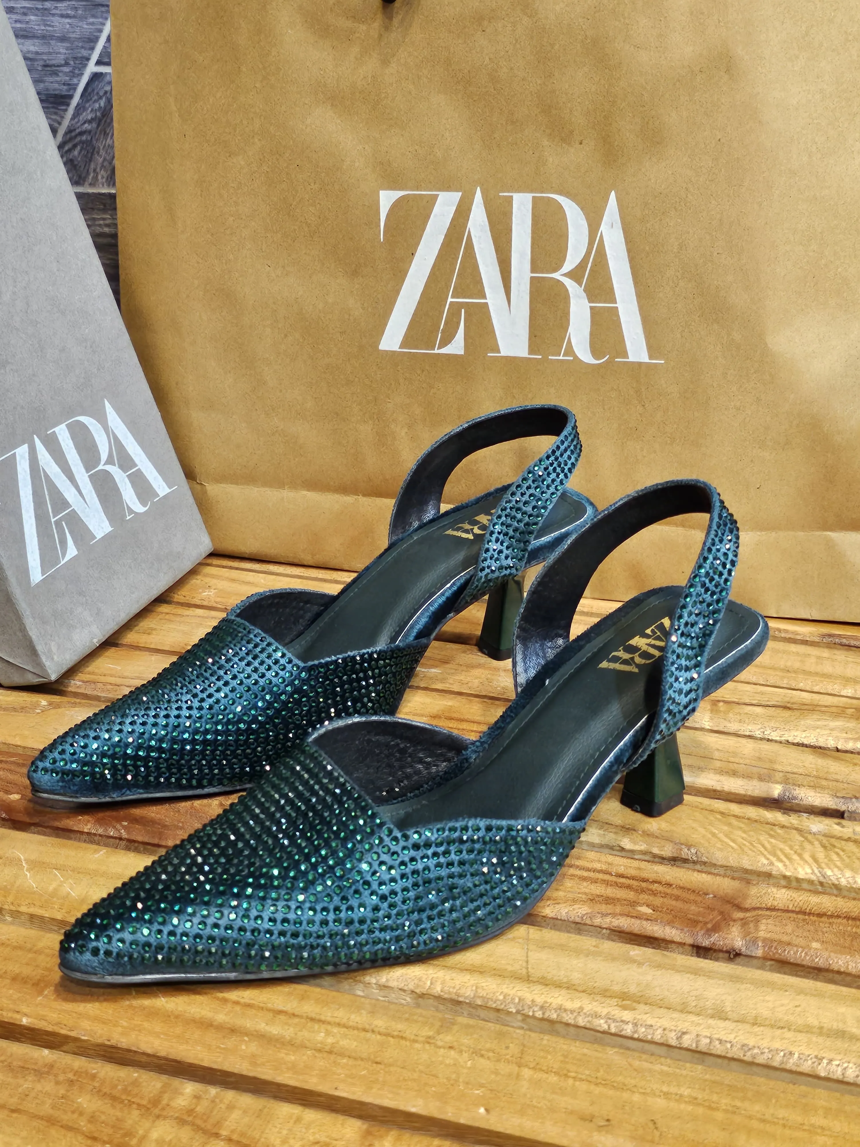 ZARA Embellished Stones Slingback Pointed Pump Heels