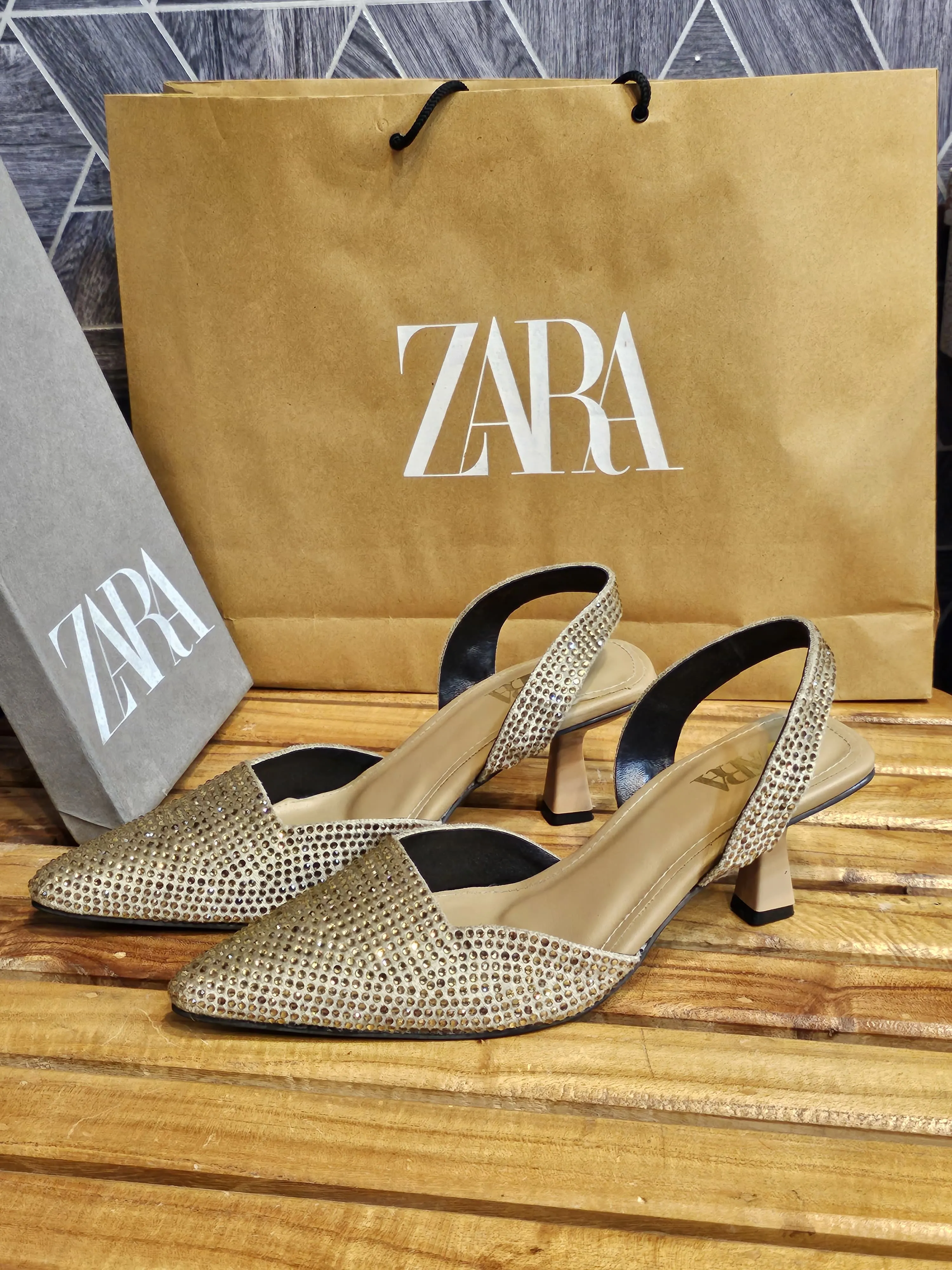 ZARA Embellished Stones Slingback Pointed Pump Heels