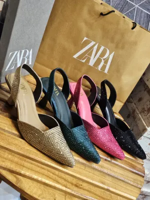 ZARA Embellished Stones Slingback Pointed Pump Heels